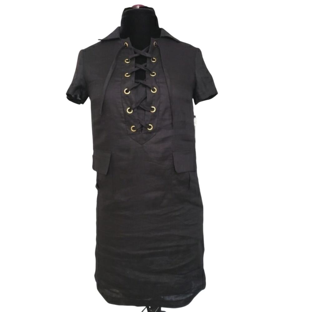 New Tahari Arthur S. Levine Black Linen Lace Up Eliza-M Dress Grunge Womens XS